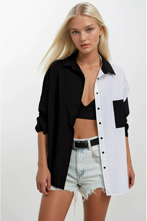 Kadın Siyah Beyaz Renk Bloklu Poplin Basic Gömlek HZL22S-BD1201161