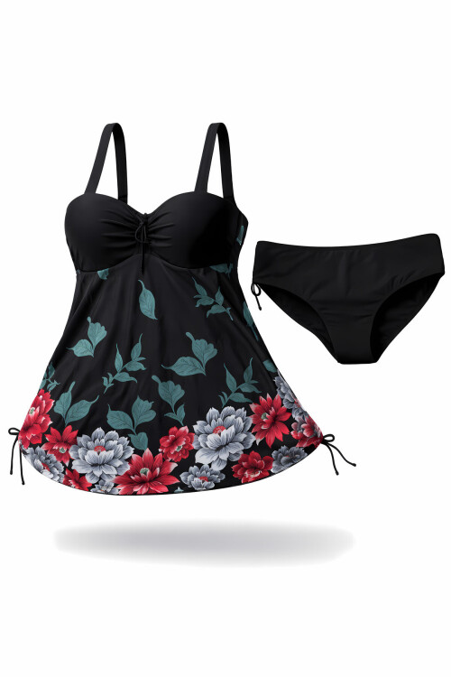 Kadın Siyah Çiçek Desenli Elbise Model Büyük Beden Slipli Tankini PLD24S-3188