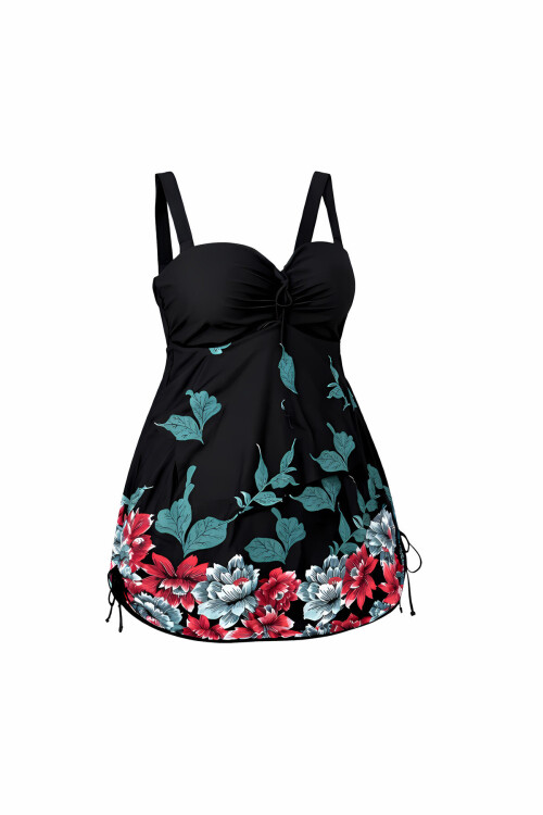 Kadın Siyah Çiçek Desenli Elbise Model Büyük Beden Slipli Tankini PLD24S-3188
