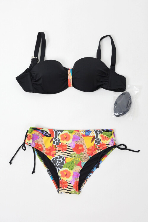 Kadın Siyah Çok Renkli Desenli Astarlı Üçgen Bikini Takım PLD24S-3029