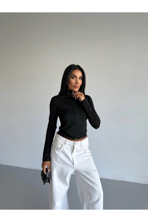 Kadın Siyah Dalgıç Kumaş Fermuar Kapamalı Parmak Geçirmeli Sweatshirt PLD25W-3184