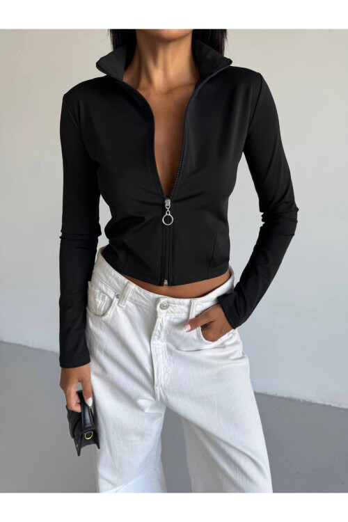 Kadın Siyah Dalgıç Kumaş Fermuar Kapamalı Parmak Geçirmeli Sweatshirt PLD25W-3184