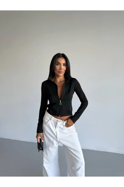 Kadın Siyah Dalgıç Kumaş Fermuar Kapamalı Parmak Geçirmeli Sweatshirt PLD25W-3184