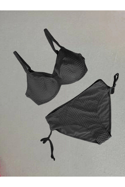 Kadın Siyah Desenli Büyük Beden Astarlı Bikini Takım PLD25S-3022