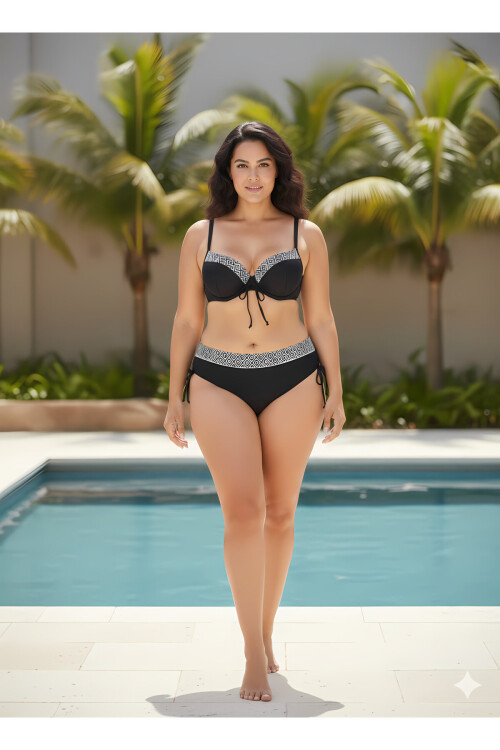 Kadın Siyah Etnik Desenli Büyük Beden Bikini Takım PLD25S-3021