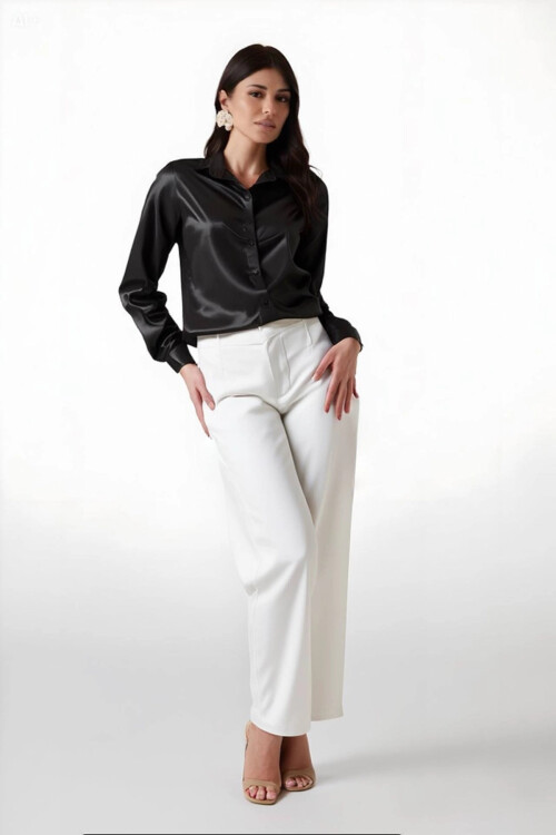 Kadın Siyah  Hafif Dökümlü Saten Yüzeyli Gömlek HZL22W-BD139641