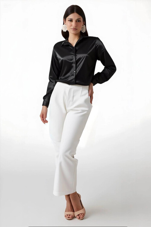 Kadın Siyah  Hafif Dökümlü Saten Yüzeyli Gömlek HZL22W-BD139641