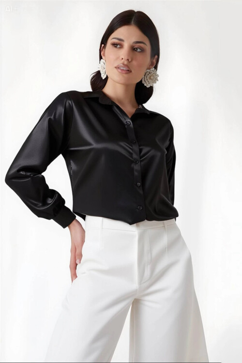 Kadın Siyah  Hafif Dökümlü Saten Yüzeyli Gömlek HZL22W-BD139641