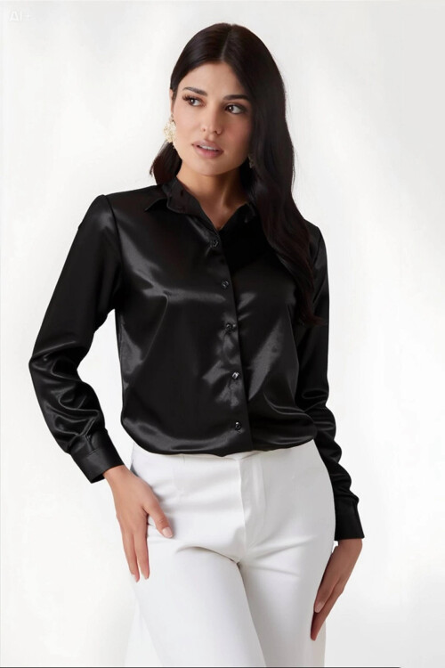 Kadın Siyah  Hafif Dökümlü Saten Yüzeyli Gömlek HZL22W-BD139641