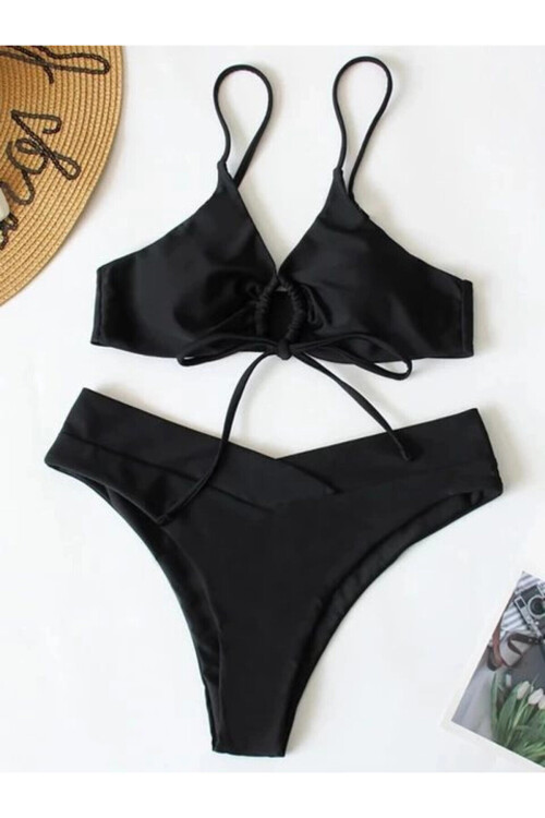 Kadın Siyah İp Detaylı Astarlı V Kesim Üçgen Bikini Takım PLD24S-3036