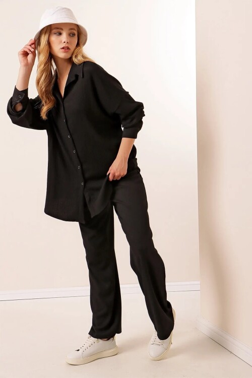 Kadın Siyah Oversize Alt-Üst İkili Örme Takım PLD23W-3001