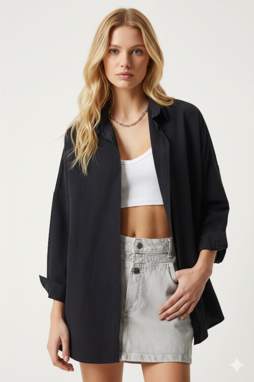 Kadın Siyah Oversize Uzun Basic Gömlek PLD22W-3118