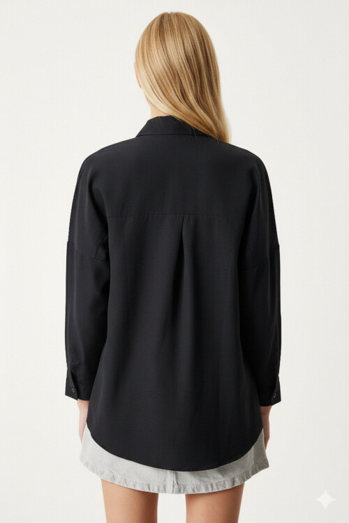 Kadın Siyah Oversize Uzun Basic Gömlek PLD22W-3118