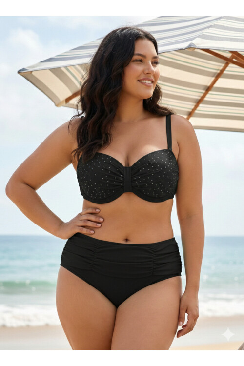Kadın Siyah Taş İşlemeli Astarlı Büyük Beden Bikini Takımı PLD25S-3019