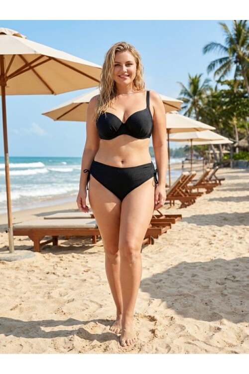 Kadın Siyah Taş İşlemeli Astarlı Büyük Beden Bikini Takımı PLD25S-3010