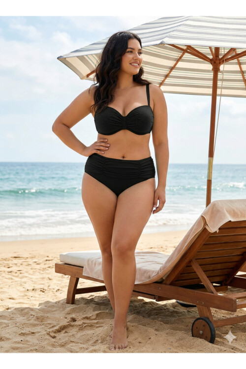 Kadın Siyah Taş İşlemeli Astarlı Büyük Beden Bikini Takımı PLD25S-3019