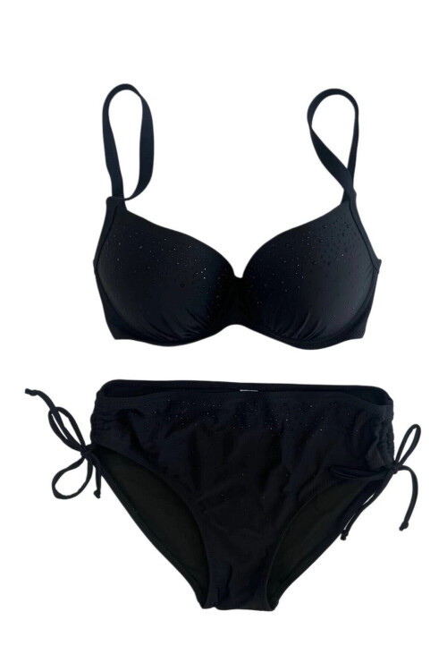 Kadın Siyah Taş İşlemeli Astarlı Büyük Beden Bikini Takımı PLD25S-3010