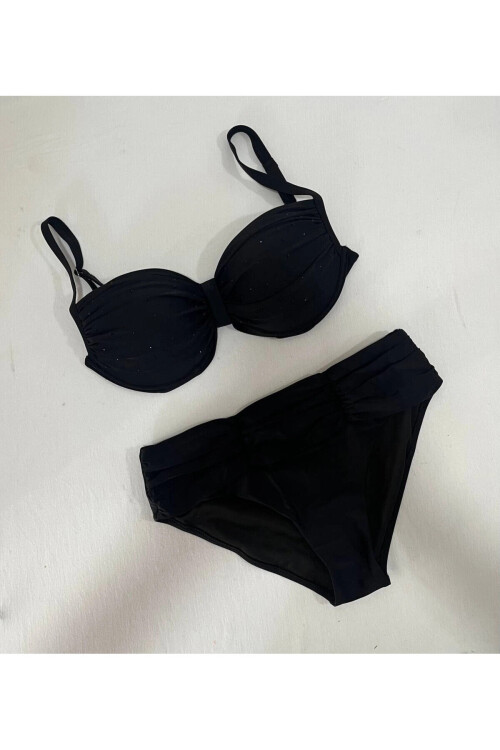 Kadın Siyah Taş İşlemeli Astarlı Büyük Beden Bikini Takımı PLD25S-3019