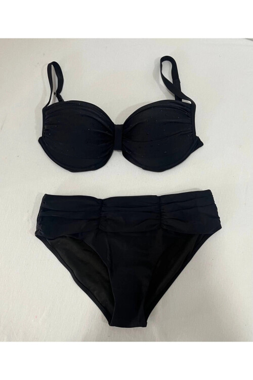 Kadın Siyah Taş İşlemeli Astarlı Büyük Beden Bikini Takımı PLD25S-3019
