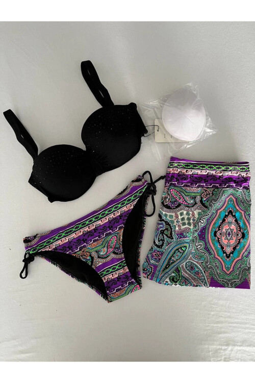 Kadın Siyah Taş İşlemeli Desenli 3 Parça Etekli Bikini Takım PLD25S-3025