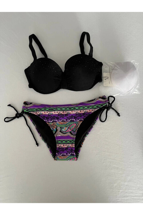 Kadın Siyah Taş İşlemeli Desenli 3 Parça Etekli Bikini Takım PLD25S-3025