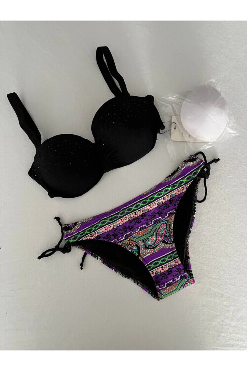 Kadın Siyah Taş İşlemeli Desenli 3 Parça Etekli Bikini Takım PLD25S-3025