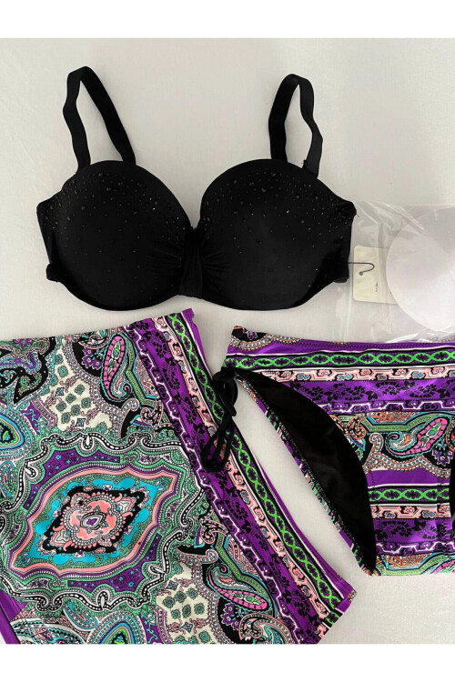Kadın Siyah Taş İşlemeli Desenli 3 Parça Etekli Bikini Takım PLD25S-3025