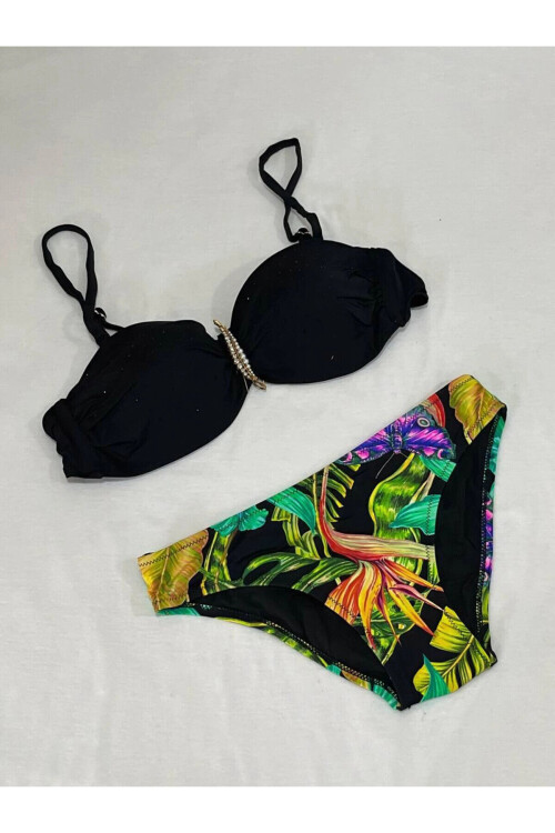 Kadın Siyah Taş İşlemeli Toka Aksesuarlı Astarlı Bikini Takım PLD25S-3018
