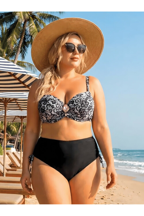 Kadın Siyah Taş İşlemeli Toka Aksesuarlı Bikini Takım PLD25S-3024