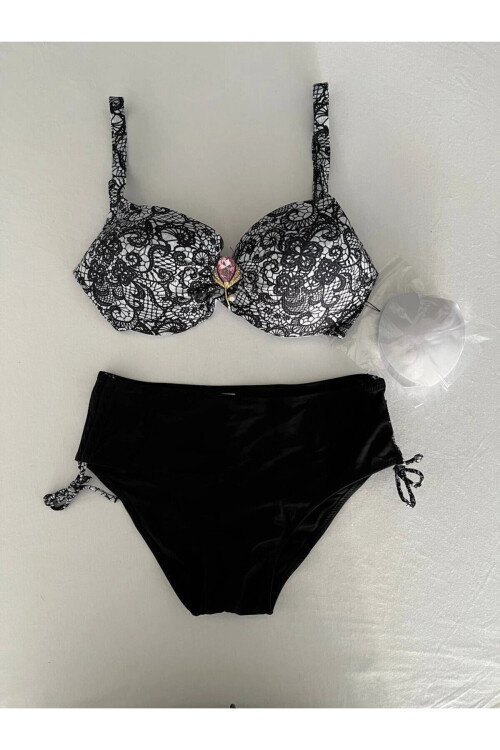 Kadın Siyah Taş İşlemeli Toka Aksesuarlı Bikini Takım PLD25S-3024