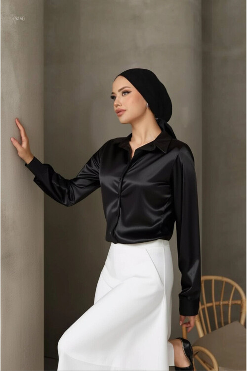 Kadın Siyah Tesettür Küçük ve Büyük Bedenler Hafif Dökümlü Saten Yüzeyli Gömlek PLD25W-3191
