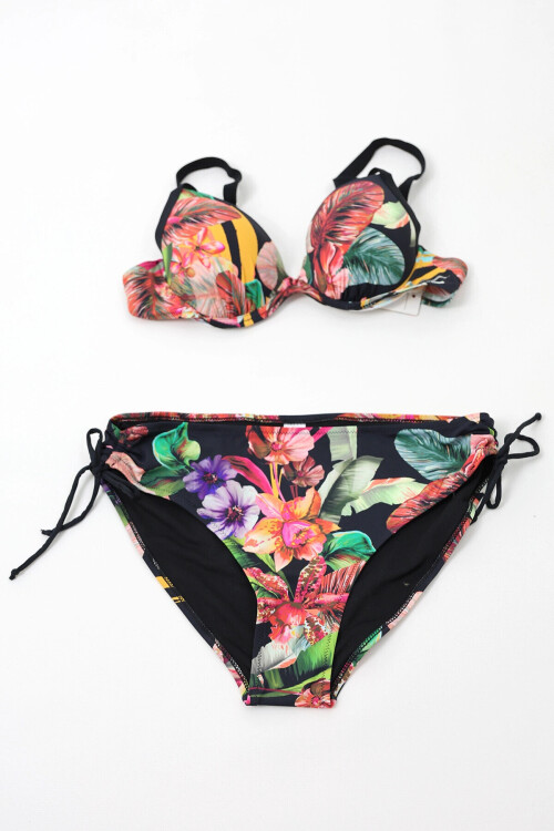 Kadın Siyah Yaprak Desenli Askılı Yüksek Bel Toparlayıcı Büyük Beden Bikini Takım PLD24S-3034