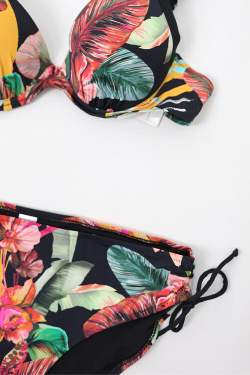 Kadın Siyah Yaprak Desenli Askılı Yüksek Bel Toparlayıcı Büyük Beden Bikini Takım PLD24S-3034