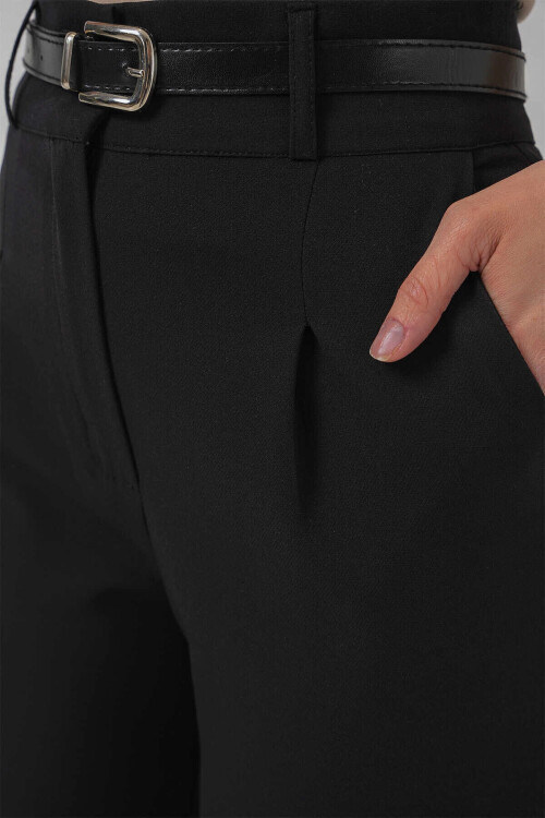 Kadın Siyah Yüksek Bel Kemerli Kumaş Pantolon PLD25S-3179