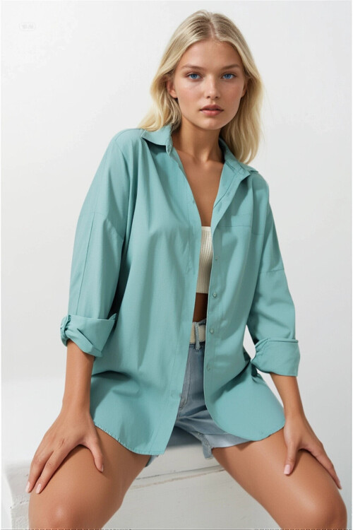 Kadın Su Yeşili Oversize Uzun Basic Gömlek PLD22W-3118