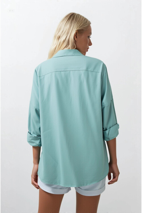 Kadın Su Yeşili Oversize Uzun Basic Gömlek PLD22W-3118