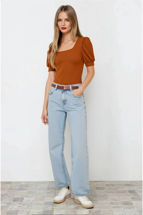 Kadın Taba Kare Yaka Örme Bluz PLD22W-3051