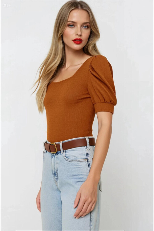 Kadın Taba Kare Yaka Örme Bluz PLD22W-3051