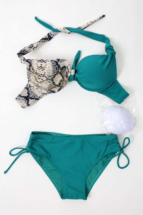 Kadın Turkuaz Bej Taş Bloklu Yüksek Bel Toparlayıcı Bikini Takım PLD24S-3027