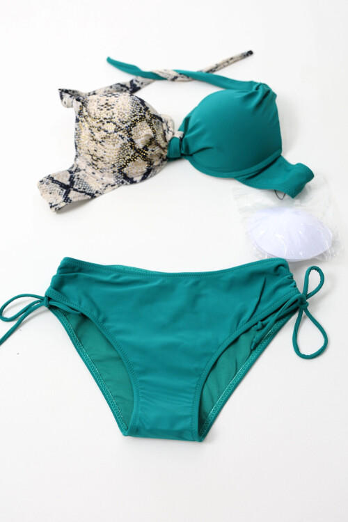 Kadın Turkuaz Bej Taş Bloklu Yüksek Bel Toparlayıcı Bikini Takım PLD24S-3027
