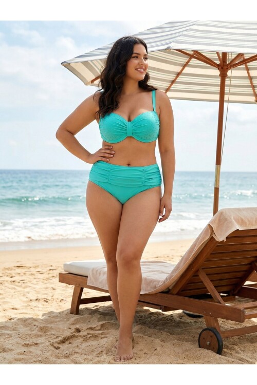 Kadın Turkuaz Taş İşlemeli Astarlı Büyük Beden Bikini Takımı PLD25S-3019