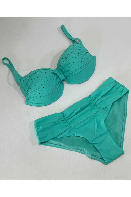 Kadın Turkuaz Taş İşlemeli Astarlı Büyük Beden Bikini Takımı PLD25S-3019