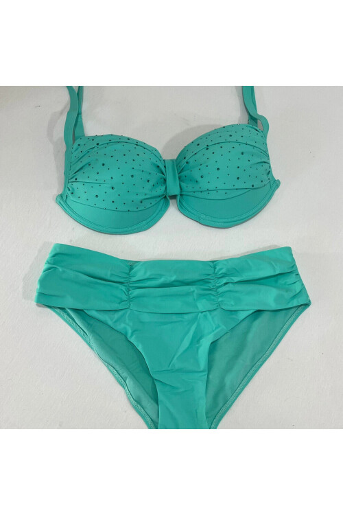 Kadın Turkuaz Taş İşlemeli Astarlı Büyük Beden Bikini Takımı PLD25S-3019