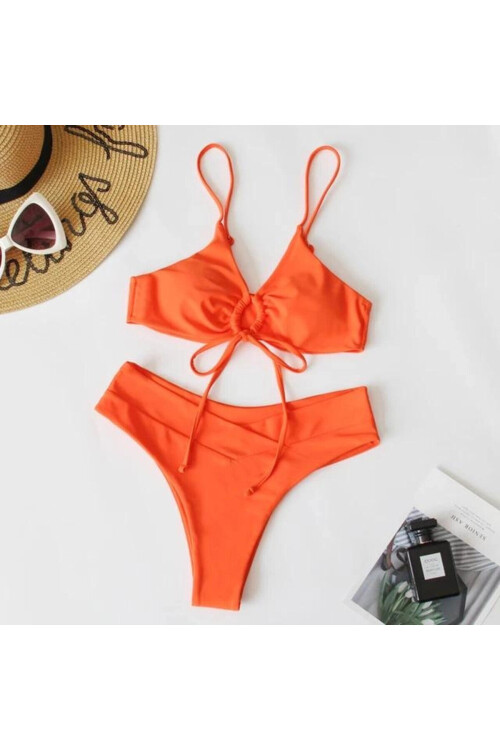 Kadın Turuncu İp Detaylı Astarlı V Kesim Üçgen Bikini Takım PLD24S-3036