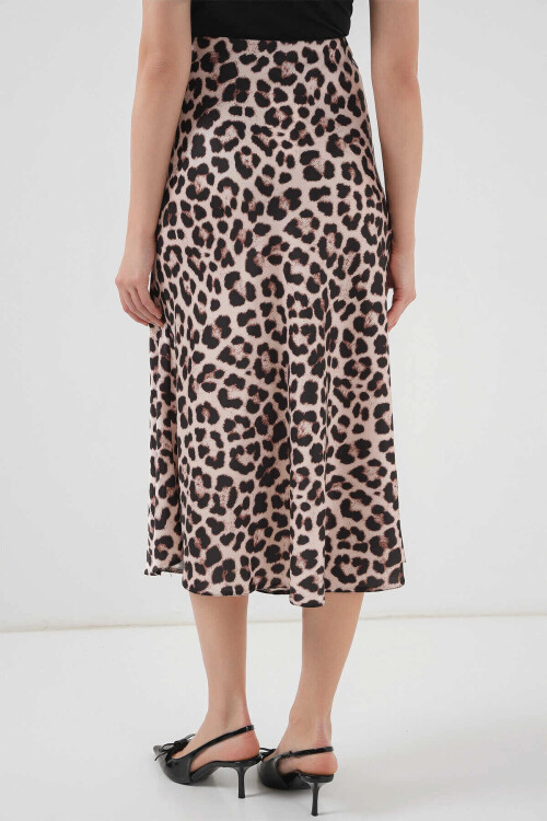 Kadın Vizon Leopar Desenli Saten Yüzeyli Beli Lastikli Midi Boy Etek PLD23S-3109