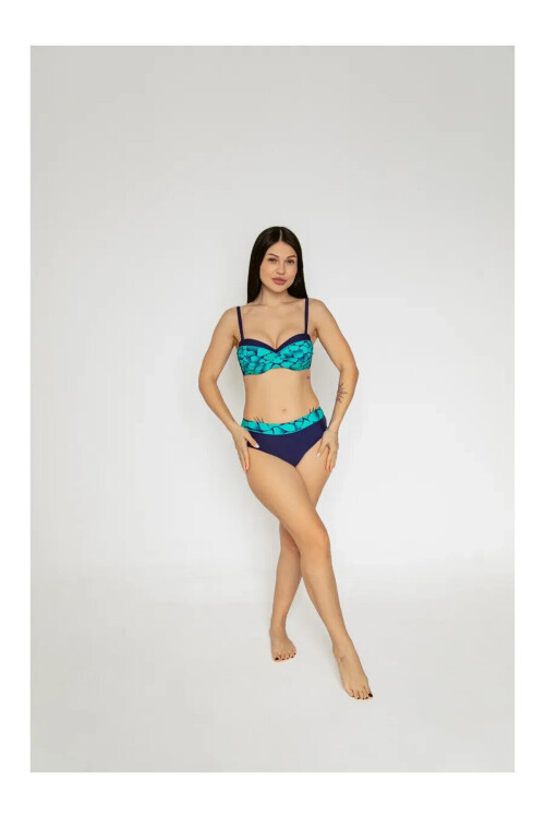 Kadın Yeşil Lacivert Desenli Astarlı Büyük Beden Bikini Takımı PLD25S-3009