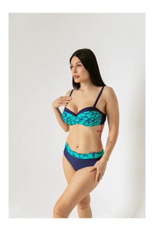 Kadın Yeşil Lacivert Desenli Astarlı Büyük Beden Bikini Takımı PLD25S-3009