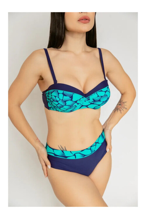 Kadın Yeşil Lacivert Desenli Astarlı Büyük Beden Bikini Takımı PLD25S-3009