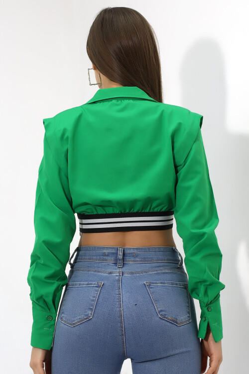 Kadın Yeşil Uzun Kollu Crop Detaylı Poplin Gömlek PLD23W-3129