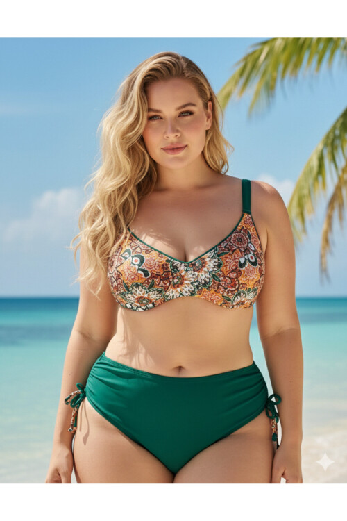 Kadın Zümrüt Yeşil Etnik Desen Büyük Beden Bikini Takım PLD25S-3012